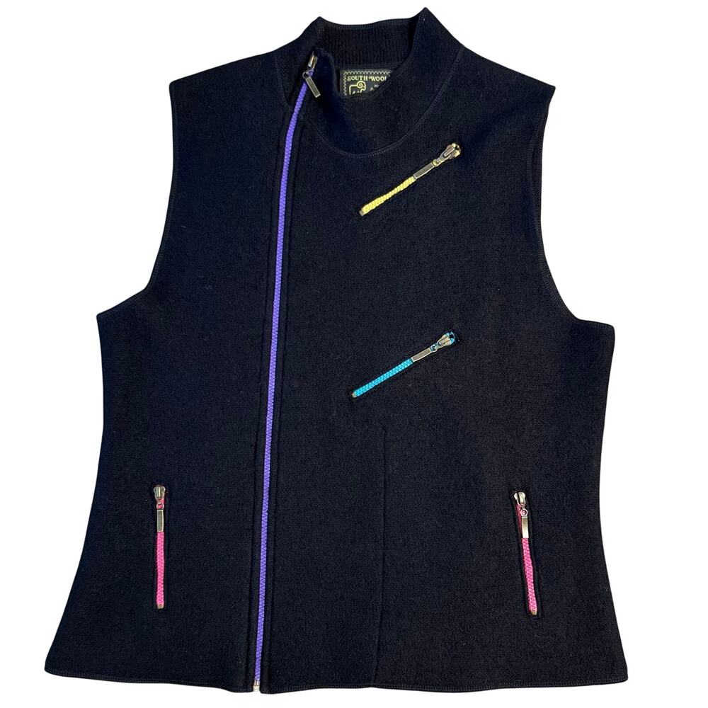 South Wool Vest 100% Pure New Wool Asymmetrical Zip Avant Gard Black Women Large